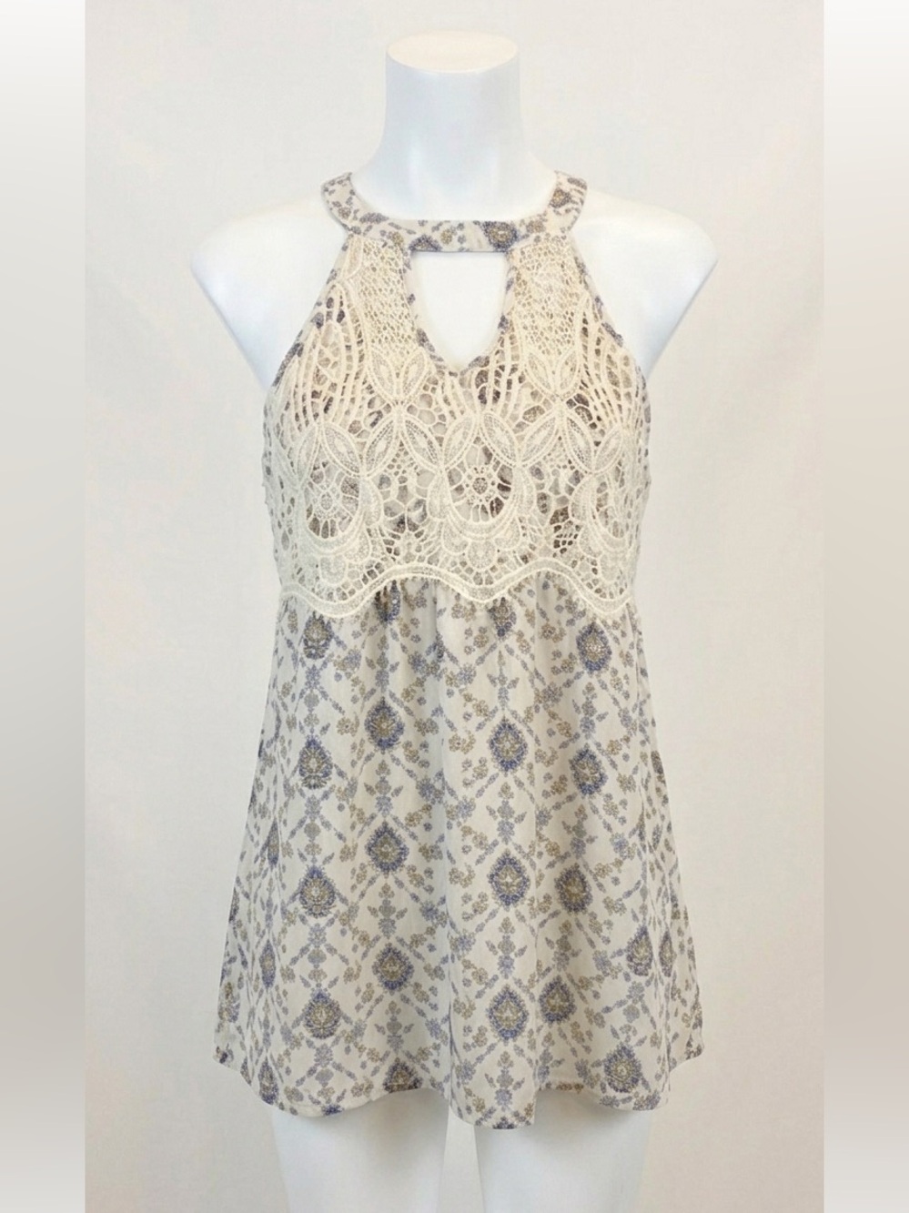 Jolt Cream Lace Yoke Printed Halter Camisole